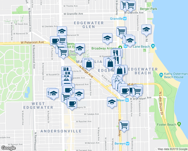 map of restaurants, bars, coffee shops, grocery stores, and more near 5745 North Ridge Avenue in Chicago