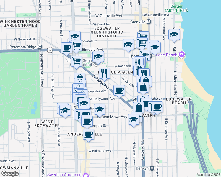 map of restaurants, bars, coffee shops, grocery stores, and more near 5745 North Ridge Avenue in Chicago