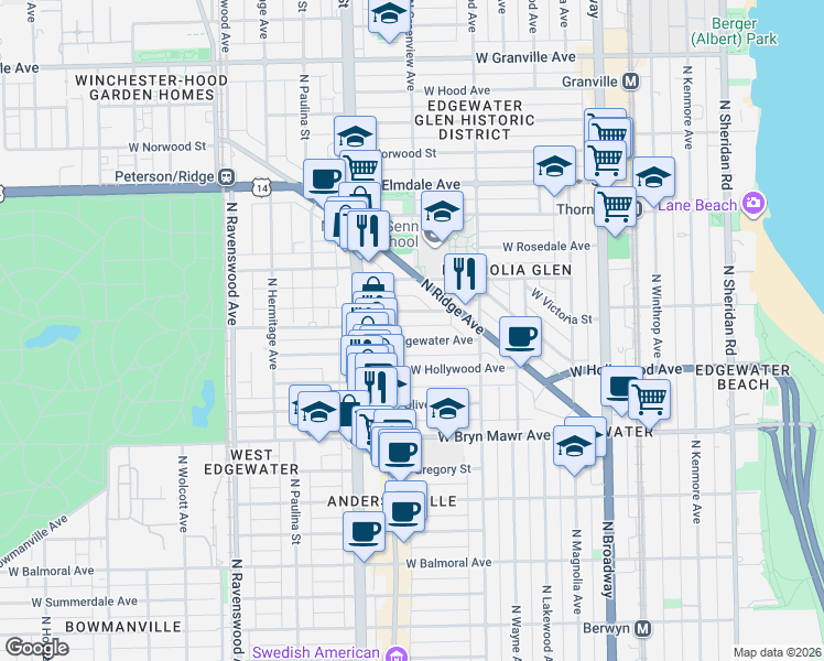 map of restaurants, bars, coffee shops, grocery stores, and more near 1462 West Edgewater Avenue in Chicago