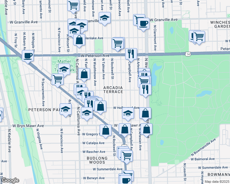 map of restaurants, bars, coffee shops, grocery stores, and more near in Chicago
