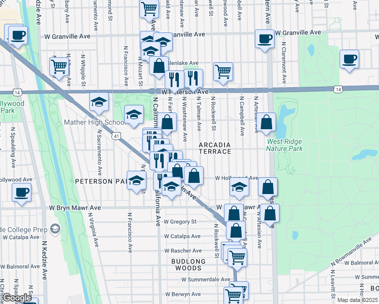 map of restaurants, bars, coffee shops, grocery stores, and more near 5752 North Talman Avenue in Chicago