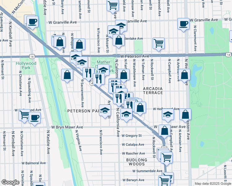 map of restaurants, bars, coffee shops, grocery stores, and more near 5755 North California Avenue in Chicago