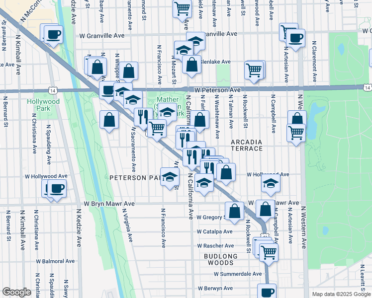 map of restaurants, bars, coffee shops, grocery stores, and more near 5755 North California Avenue in Chicago