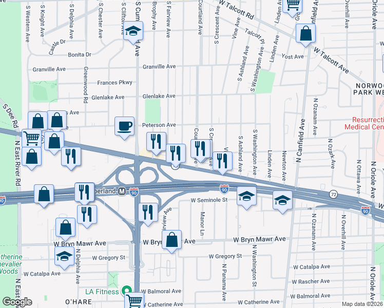 map of restaurants, bars, coffee shops, grocery stores, and more near 1919 South Prospect Avenue in Park Ridge