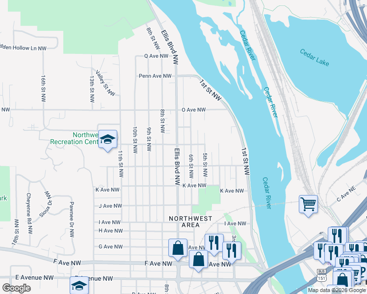 map of restaurants, bars, coffee shops, grocery stores, and more near 615 M Avenue Northwest in Cedar Rapids