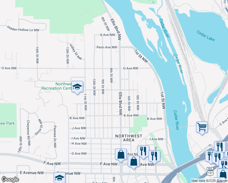 map of restaurants, bars, coffee shops, grocery stores, and more near 1339 8th Street Northwest in Cedar Rapids