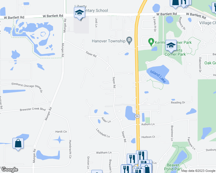 map of restaurants, bars, coffee shops, grocery stores, and more near 7N750 Sayer Road in Bartlett