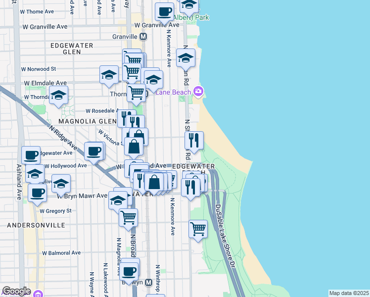 map of restaurants, bars, coffee shops, grocery stores, and more near 5740 North Sheridan Road in Chicago