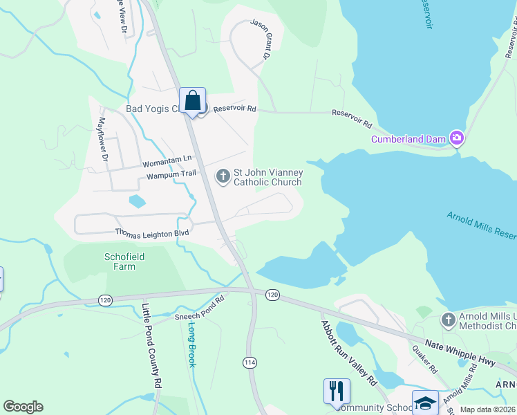 map of restaurants, bars, coffee shops, grocery stores, and more near 14 Metcalf Drive in Cumberland