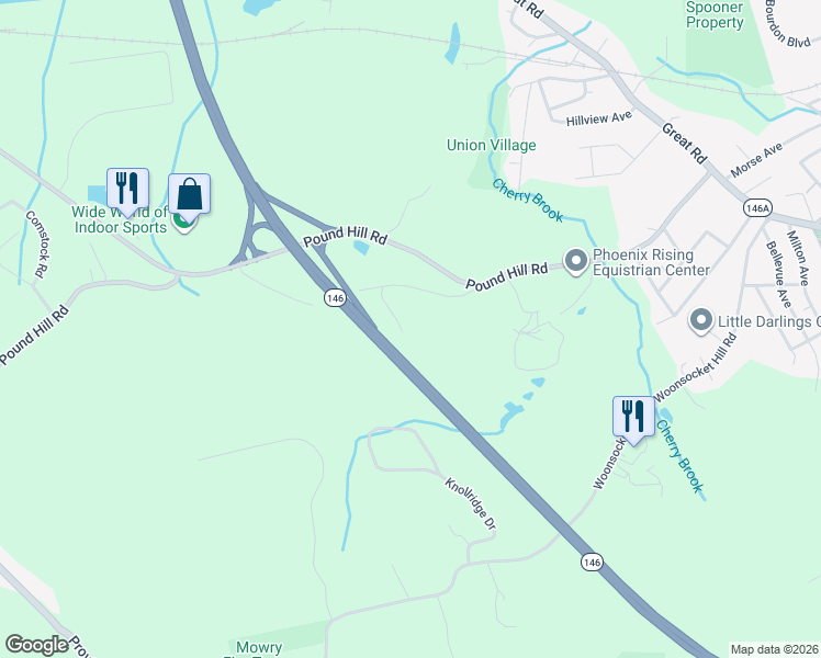 map of restaurants, bars, coffee shops, grocery stores, and more near 28 Old Pound Hill Road in North Smithfield