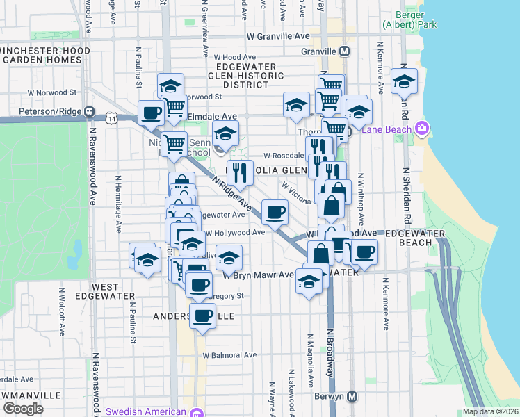 map of restaurants, bars, coffee shops, grocery stores, and more near 5745 North Ridge Avenue in Chicago