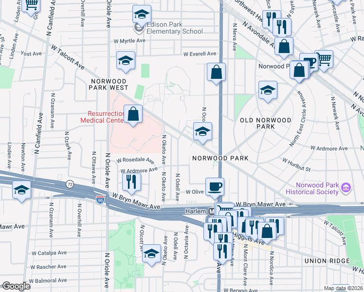 map of restaurants, bars, coffee shops, grocery stores, and more near 5837 North Odell Avenue in Chicago