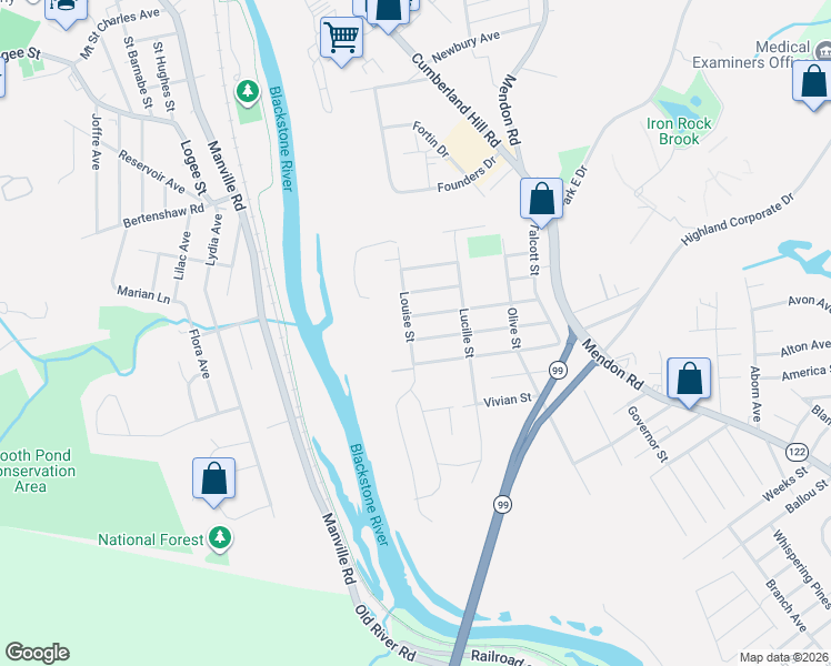 map of restaurants, bars, coffee shops, grocery stores, and more near 275 Burrington Street in Woonsocket