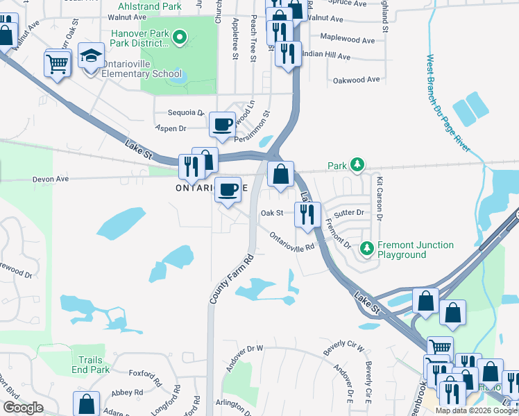 map of restaurants, bars, coffee shops, grocery stores, and more near 27W028 Oak Street in Hanover Park