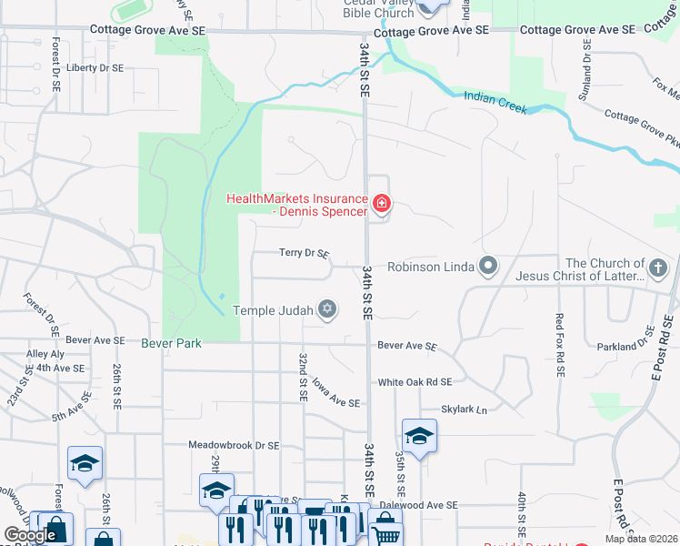 map of restaurants, bars, coffee shops, grocery stores, and more near 3317 Terry Drive Southeast in Cedar Rapids