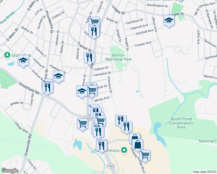 map of restaurants, bars, coffee shops, grocery stores, and more near 161 Warwick Street in Woonsocket