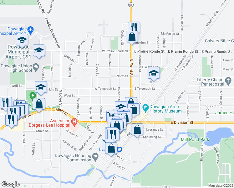 map of restaurants, bars, coffee shops, grocery stores, and more near 311 Orchard Street in Dowagiac