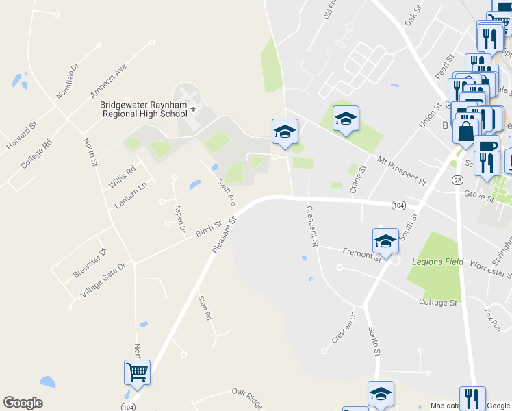 map of restaurants, bars, coffee shops, grocery stores, and more near 284 Pleasant Street in Bridgewater