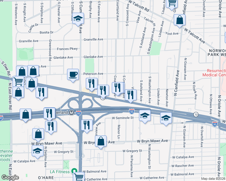 map of restaurants, bars, coffee shops, grocery stores, and more near 1919 South Prospect Avenue in Park Ridge