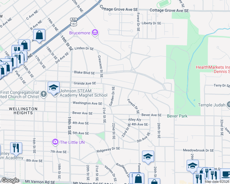 map of restaurants, bars, coffee shops, grocery stores, and more near 348 Garden Drive Southeast in Cedar Rapids