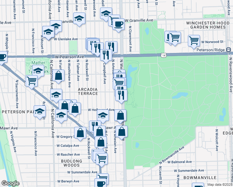 map of restaurants, bars, coffee shops, grocery stores, and more near 2405 West Ardmore Avenue in Chicago