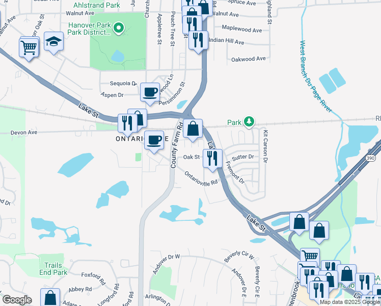 map of restaurants, bars, coffee shops, grocery stores, and more near 1642 Oak Street in Hanover Park