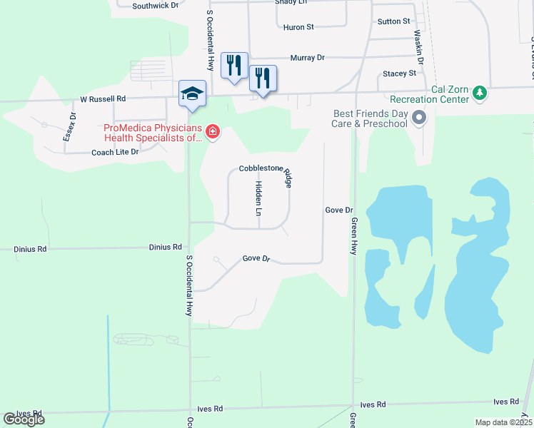 map of restaurants, bars, coffee shops, grocery stores, and more near 6602 Hidden Ln in Tecumseh