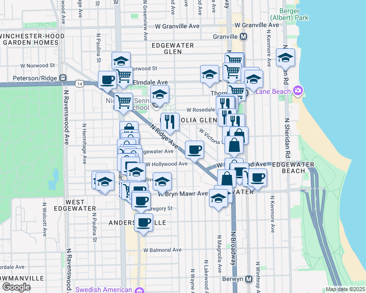 map of restaurants, bars, coffee shops, grocery stores, and more near 5745 North Ridge Avenue in Chicago