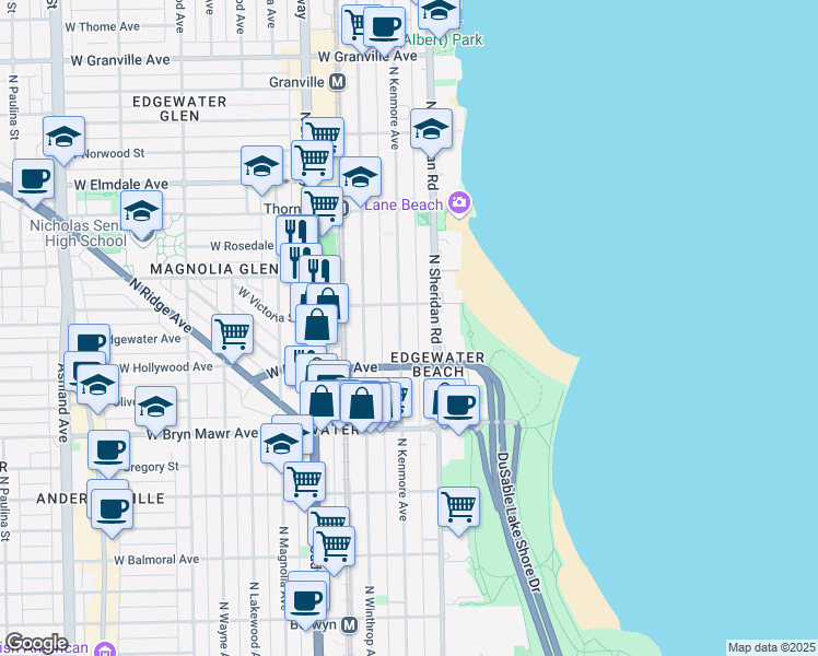 map of restaurants, bars, coffee shops, grocery stores, and more near 5737 North Kenmore Avenue in Chicago