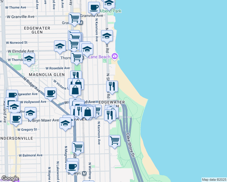 map of restaurants, bars, coffee shops, grocery stores, and more near 5733 North Sheridan Road in Chicago