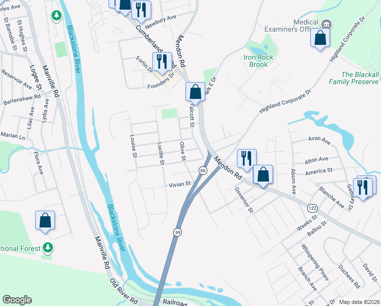 map of restaurants, bars, coffee shops, grocery stores, and more near 38 Burrington Street in Woonsocket