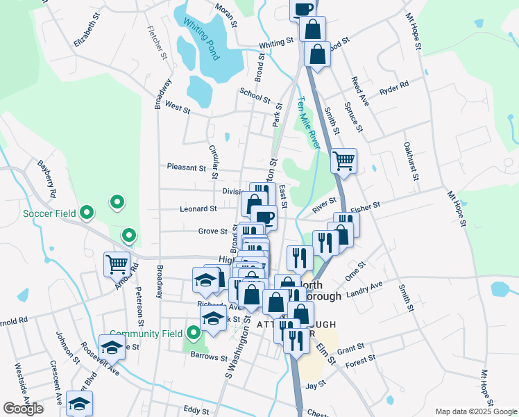 map of restaurants, bars, coffee shops, grocery stores, and more near 158 North Washington Street in North Attleborough