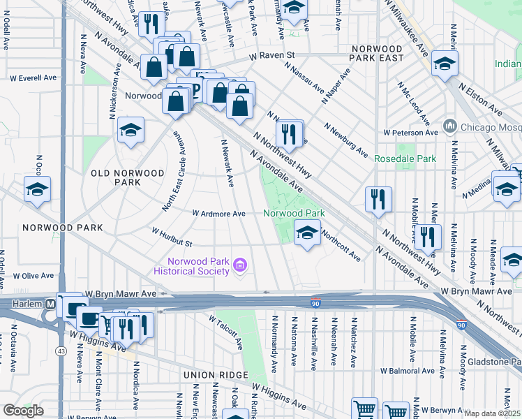 map of restaurants, bars, coffee shops, grocery stores, and more near 5800 N Natoma Ave in Chicago