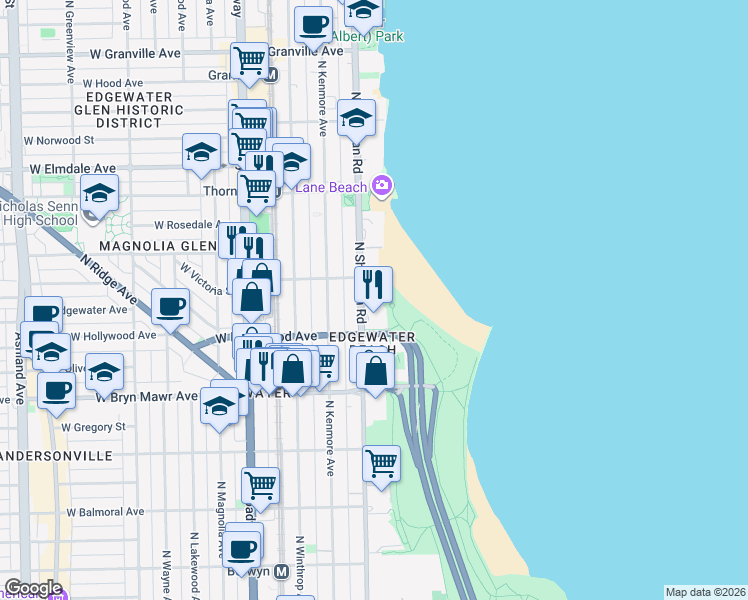 map of restaurants, bars, coffee shops, grocery stores, and more near 5733 North Sheridan Road in Chicago