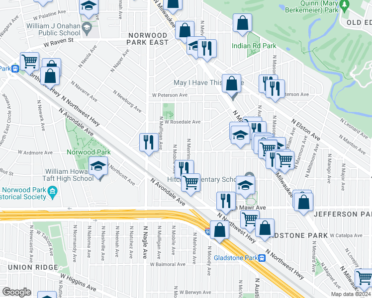 map of restaurants, bars, coffee shops, grocery stores, and more near 5800 North Merrimac Avenue in Chicago