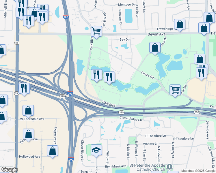 map of restaurants, bars, coffee shops, grocery stores, and more near 500 Park Boulevard in Itasca