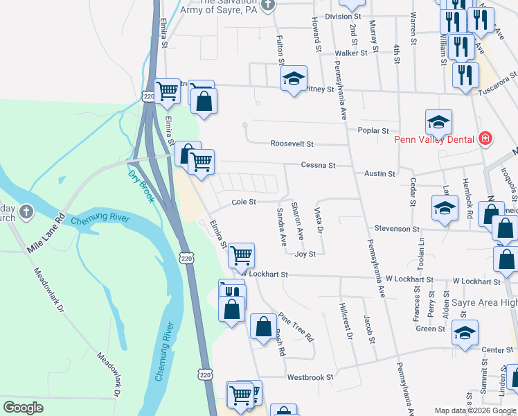 map of restaurants, bars, coffee shops, grocery stores, and more near 102-118 Cole Street in Sayre
