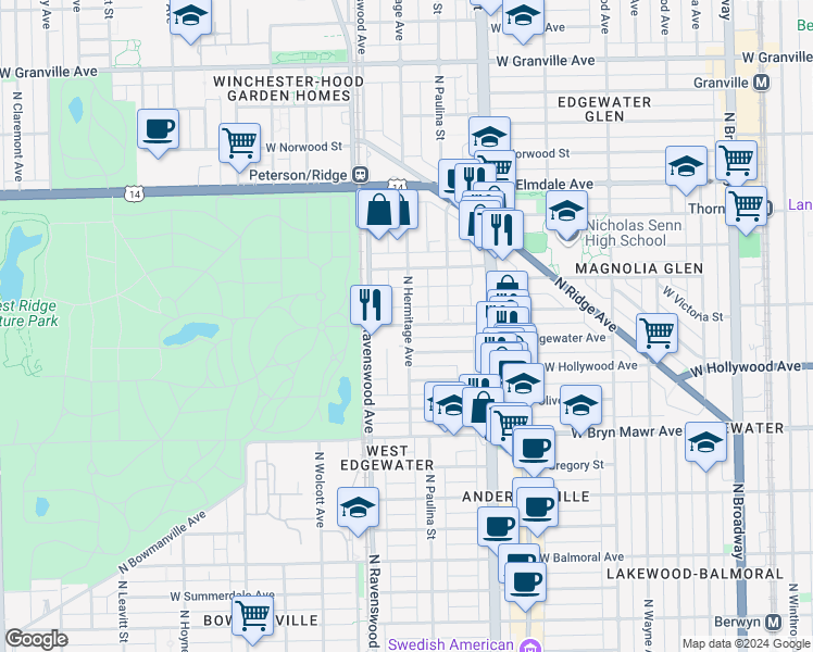 map of restaurants, bars, coffee shops, grocery stores, and more near 1743 West Rosehill Drive in Chicago