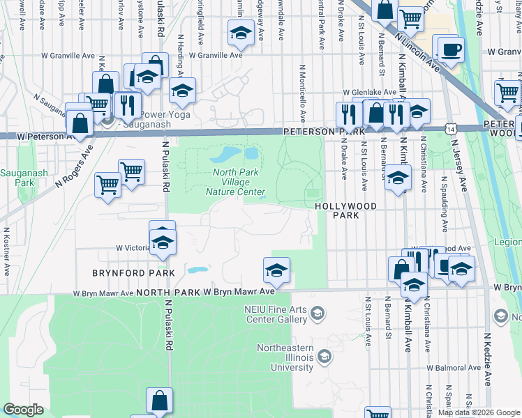 map of restaurants, bars, coffee shops, grocery stores, and more near 3601 West Peterson Avenue in Chicago