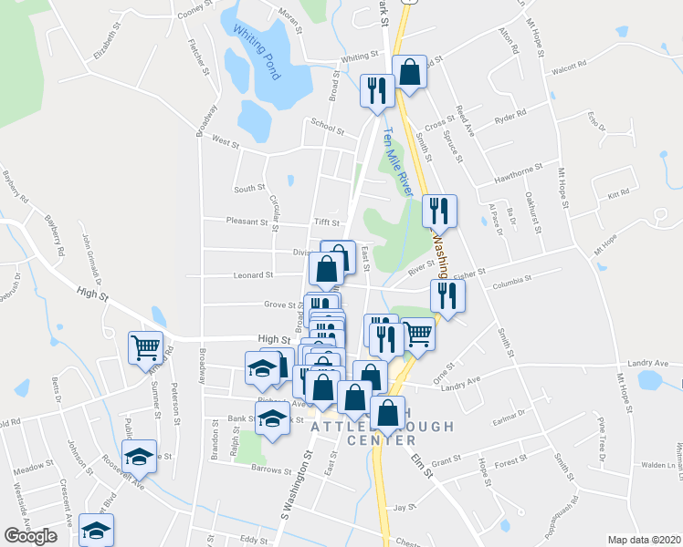 map of restaurants, bars, coffee shops, grocery stores, and more near 163 North Washington Street in North Attleborough