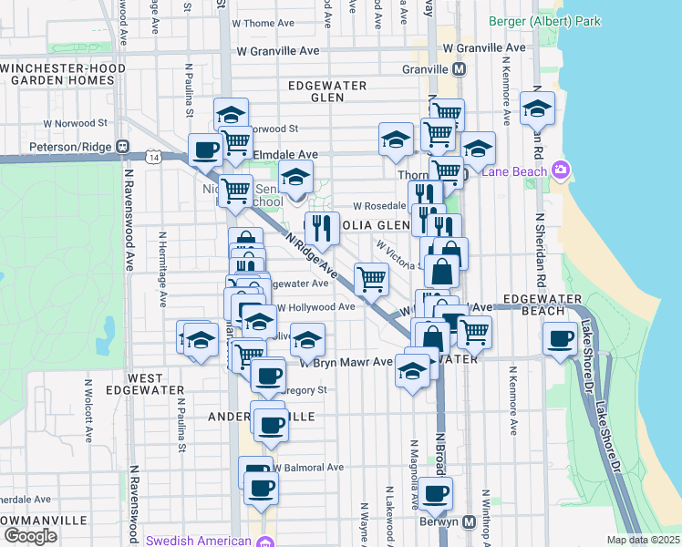 map of restaurants, bars, coffee shops, grocery stores, and more near 5751 North Ridge Avenue in Chicago