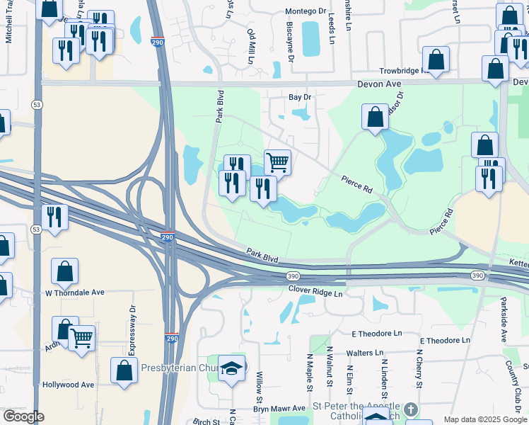 map of restaurants, bars, coffee shops, grocery stores, and more near 500 Park Boulevard in Itasca