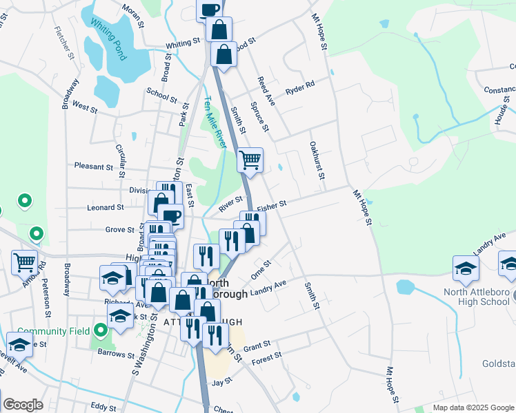 map of restaurants, bars, coffee shops, grocery stores, and more near 122 Fisher Street in North Attleborough