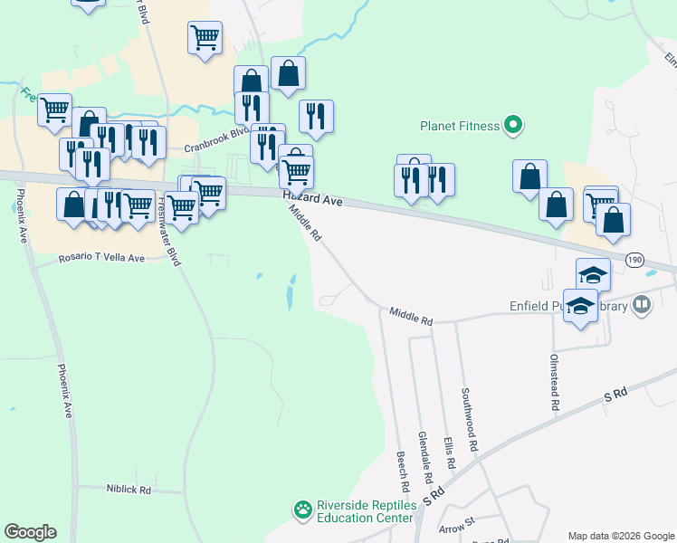 map of restaurants, bars, coffee shops, grocery stores, and more near 26 Middle Road in Enfield