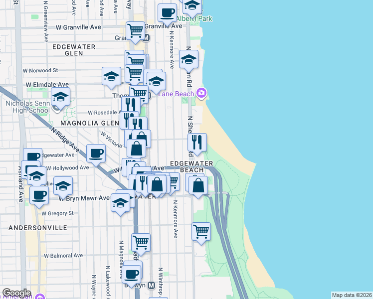 map of restaurants, bars, coffee shops, grocery stores, and more near 5740 North Sheridan Road in Chicago