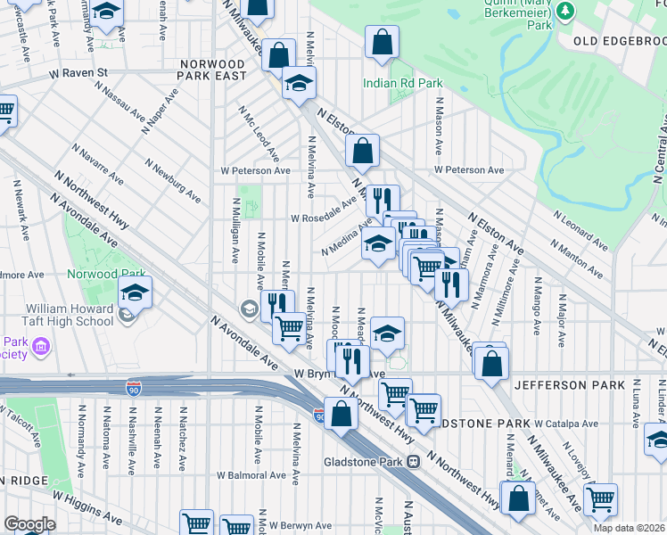 map of restaurants, bars, coffee shops, grocery stores, and more near 5759 North Moody Avenue in Chicago