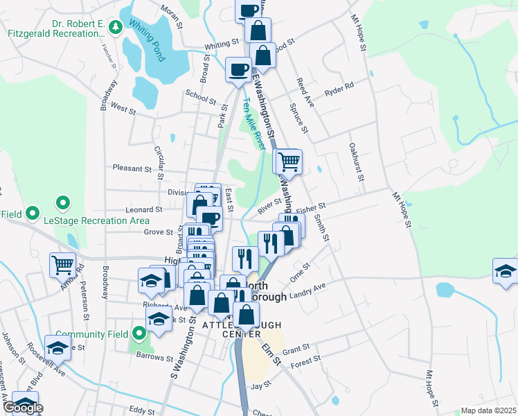 map of restaurants, bars, coffee shops, grocery stores, and more near 31 River Street in North Attleborough