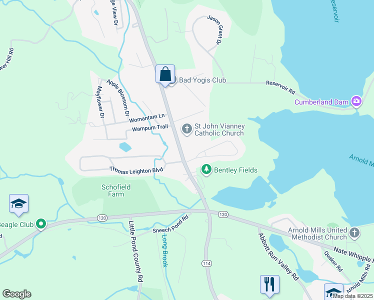 map of restaurants, bars, coffee shops, grocery stores, and more near 61 Metcalf Drive in Cumberland