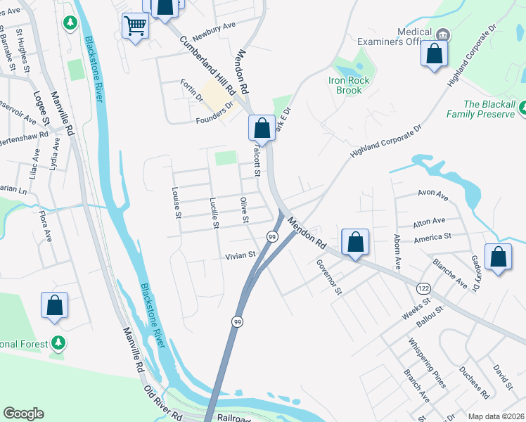 map of restaurants, bars, coffee shops, grocery stores, and more near 38 Burrington Street in Woonsocket