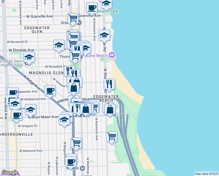 map of restaurants, bars, coffee shops, grocery stores, and more near 5733 North Sheridan Road in Chicago
